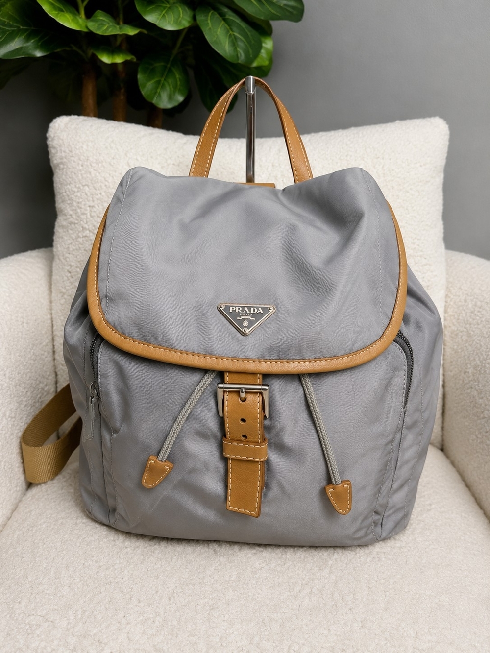 Prada Light Grey Tessuto Nylon Backpack with Tan Leather Trim